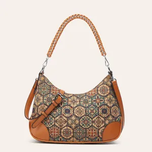 Ethnic style cork underarm shoulder bag with chain braided handle for women daily use.