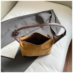 Stylish brown suede underarm shoulder bag for women, elegant daily hobo handbag purse.