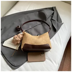 Women Brown Suede Shoulder Bag Cute Plush Dog Pendant Casual Underarm Bag Fashion Handbag
