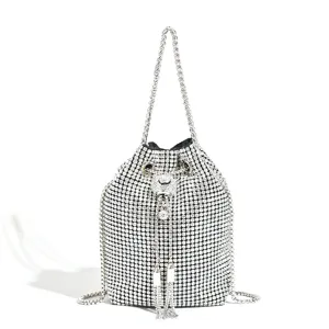 Sparkling Rhinestone Bucket Bag Glamorous Silver Crystal Crossbody Handbag Party Evening Purse