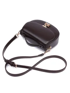 Elegant dark brown saddle bag for women, chic leather crossbody bag with metal lock.