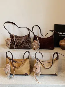 Women's Retro PU Leather Single Shoulder Underarm Bag Casual Fashion Crossbody Handbag With Cute Plush Dog Doll Pendant