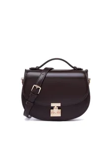 Elegant brown leather saddle bag with gold metal lock for women retro crossbody purse