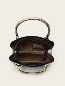 Detailed top view showing the spacious interior compartments, brown lining, and braided handles.