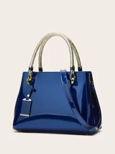 Glossy blue patent leather handbag elegant shoulder tote bag with gold hardware and chic braided handle