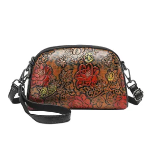 Vintage ethnic style hand painted embossed leather women crossbody bag versatile shoulder bag.