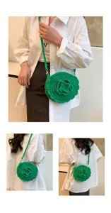 Green handmade crochet round crossbody bag with cute flower design for casual beach resort wear.