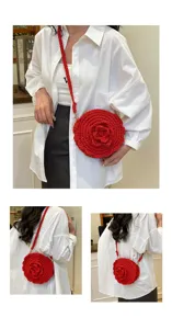 Red crochet flower crossbody bag for women, handmade knit circle beach shoulder bag style.