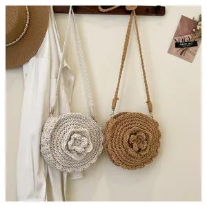 Woven round crossbody bag handmade flower straw shoulder bag beach purse stylish
