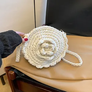 Cute crochet round crossbody bag for women, handmade cotton woven flower shoulder bag beach.