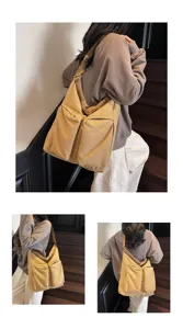 Casual canvas shoulder bag with double front pockets, stylish daily commuter hobo bag for women.