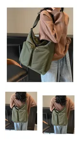 Multi-pocket canvas messenger bag detail view showing army green color and wearable angles.
