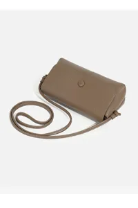 Brown leather crossbody shoulder bag for women, stylish compact purse with thin strap.