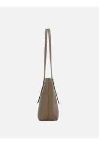 Side view detail of a chic taupe leather tote shoulder bag showcasing slim straps and gusset.
