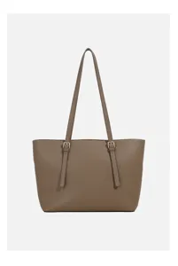 Detail view of the elegant PU leather tote bag, showing shoulder straps and buckles.