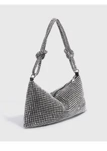 Sparkling rhinestone shoulder bag with stylish knotted strap, elegant evening underarm design.