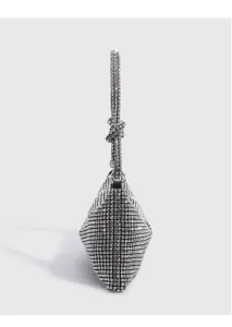 Detailed view of the sparkling rhinestone surface and elegant crystal knotted handle design.