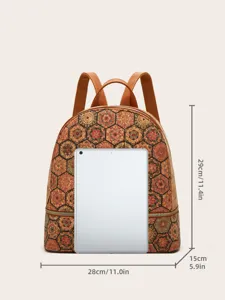 Sac à dos vintage en liège à imprimé ethnique, sac de voyage décontracté multifonctionnel avec dimensions.