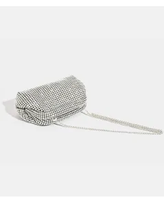 Elegante borsa da sera con strass argento pochette a tracolla con catena lucida donna