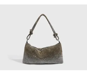 Sparkling rhinestone shoulder bag detail, elegant crystal underarm bag for evening party events.
