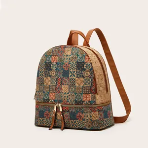 Sac à Dos pour Femme Style Rétro Européen et Américain Multifonctionnel Grande Capacité Sac de Voyage Décontracté en Liège Imprimé Floral
