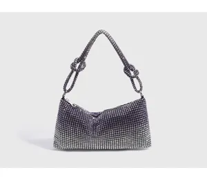 Purple gradient rhinestone shoulder bag with knotted straps, sparkly evening underarm bag for women