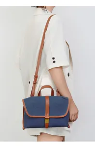Women denim messenger bag stylish contrast leather shoulder handbag commuter casual crossbody.