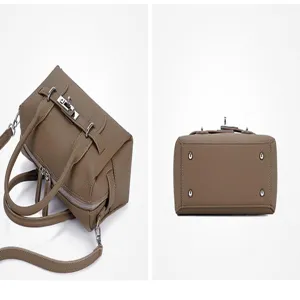 Women's taupe leather top handle satchel bag with shoulder strap and metal lock details.