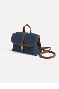 Stylish denim messenger bag with brown leather trim, crossbody strap, casual chic design.