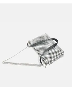 Sparkling rhinestone detail view of a trendy women's underarm chain shoulder handbag.