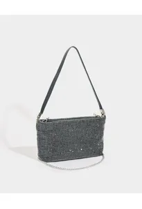 Detailed view of the sparkling black rhinestone underarm bag featuring a chic chain strap.