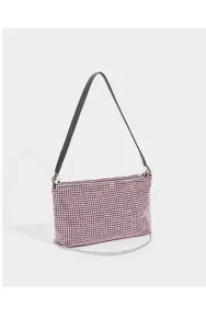 Pink rhinestone shoulder bag detail showing sparkly crystal mesh and sleek leather strap.