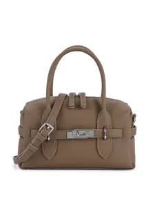 Stylish leather bowling handbag with top handles, metal clasp detail and shoulder strap.