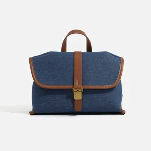 Women Denim Canvas Crossbody Messenger Bag Chic Color Block Shoulder Handbag With Metal Lock