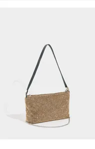 Detailed view of the sparkling rhinestone shoulder bag, elegant chain and chic strap design.