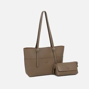 Large capacity women's leather tote bag with small crossbody bag set for daily commuting style