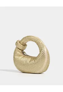 Gold rhinestone dumpling handbag detail view, exquisite sparkly crystals for women evening parties.