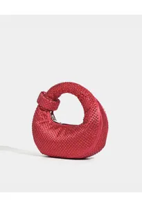 Red rhinestone knotted mini handbag sparkling crystal crescent evening clutch bag for women