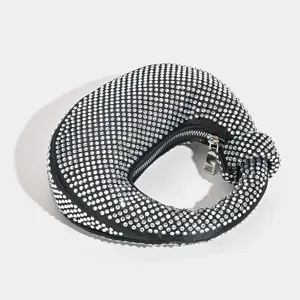 Women Rhinestone Crescent Handbag Bling Crystal Evening Clutch Chic Designer Knotted Top Bag