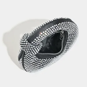 Women Black Crystal Rhinestone Dumpling Handbag Evening Party Clutch Purse Sparkly Tote Bag