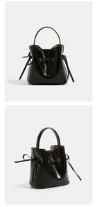 Stylish black patent leather bucket bag for women, versatile top handle and crossbody design.