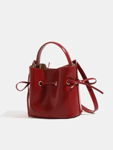Women's Fashion Bucket Bag PU Leather Drawstring Casual Handbag Crossbody Shoulder Bag Small Tote Purse for Daily Commuting