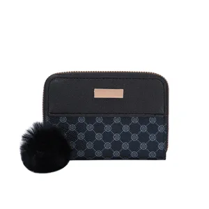 Mini black women wallet with clover print and fluffy pom pom charm chic compact purse main view