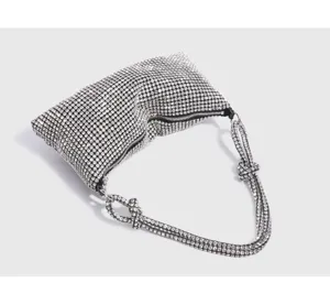 Stunning rhinestone shoulder bag for women, sparkling crystal evening hobo bag with knotted strap.