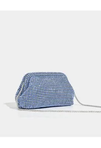 Splendida borsa da sera in strass blu con catena d'argento, ideale per feste ed eventi chic.