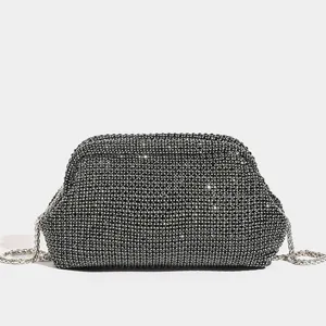 Borsa da sera a pochette in strass di cristallo nero con tracolla a catena metallo