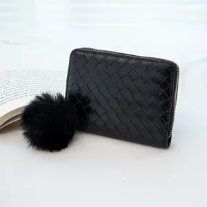 Women Woven Short Wallet PU Leather Card Holder Minimalist Coin Purse Zipper Clutch Bag With Pompom Charm