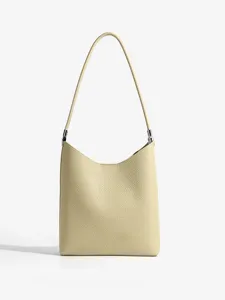 Minimalist beige pebble-grain leather hobo shoulder bag, chic daily commute handbag.