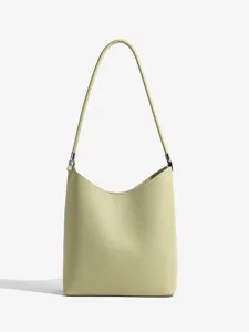 Trendy light green single shoulder bucket bag, stylish minimalist casual commuting tote.