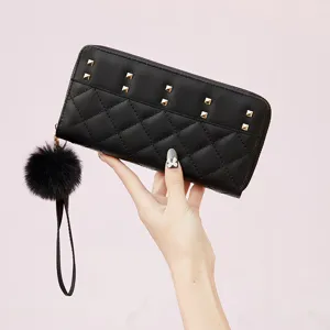Women's PU Leather Long Wallet Quilted Diamond Lattice Card Holder Chic Clutch Purse With Metal Rivets And Plush Ball Pendent